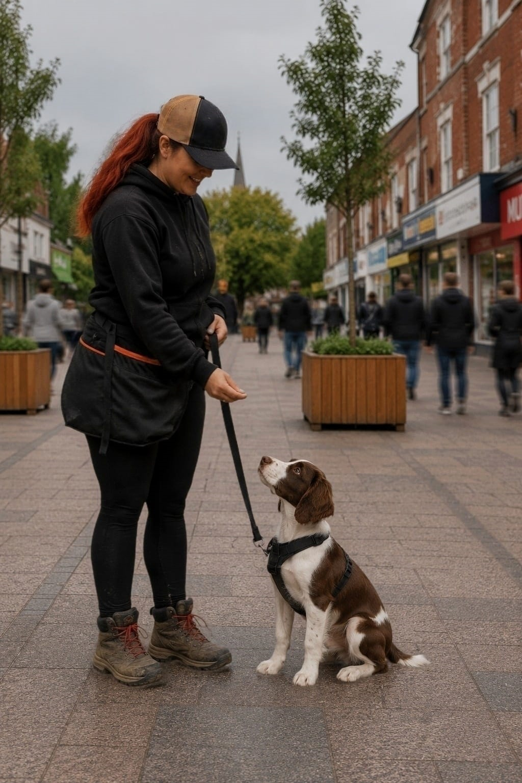 Puppy training calmly in a town centre